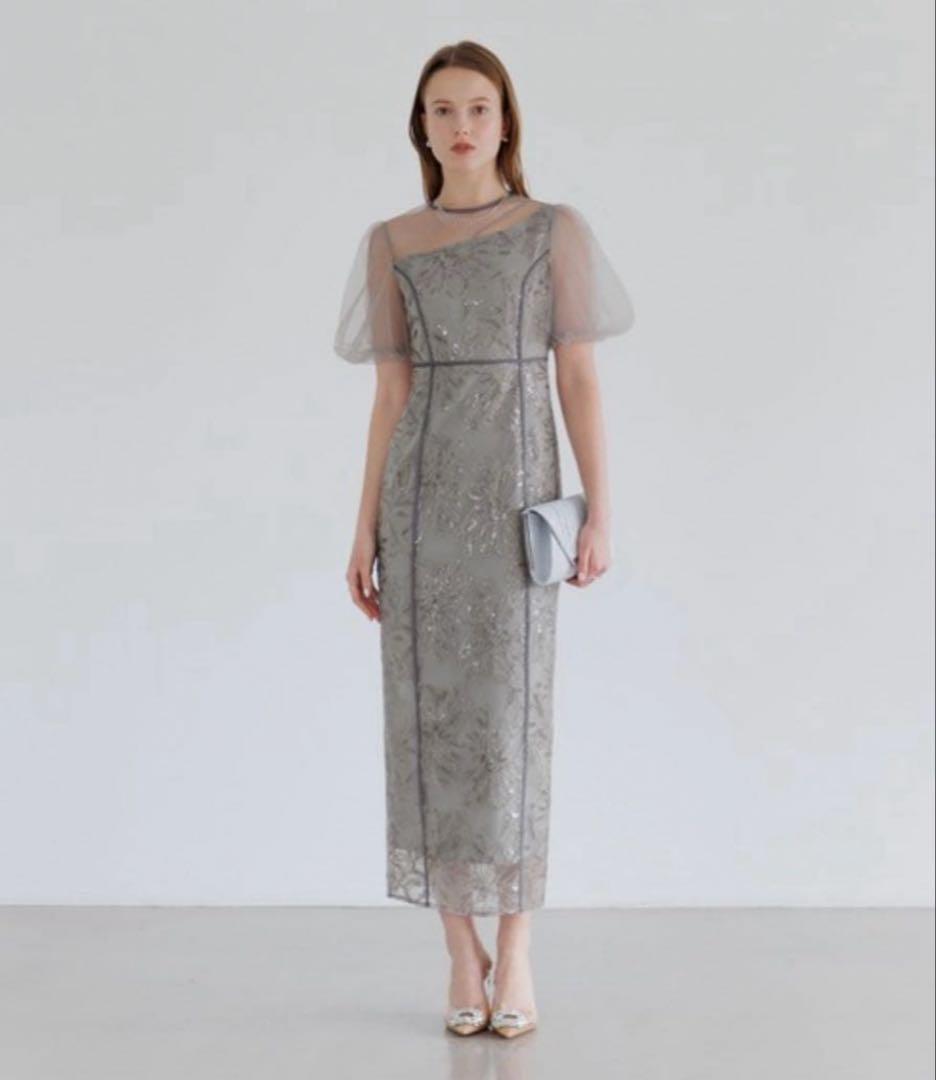 【新品】Lejaアシンメトリー ワンピースドレス 結婚式 パーティー タグ付 セール】【LEJA】アシンメトリーシアーフラワードレスワンピース美脚