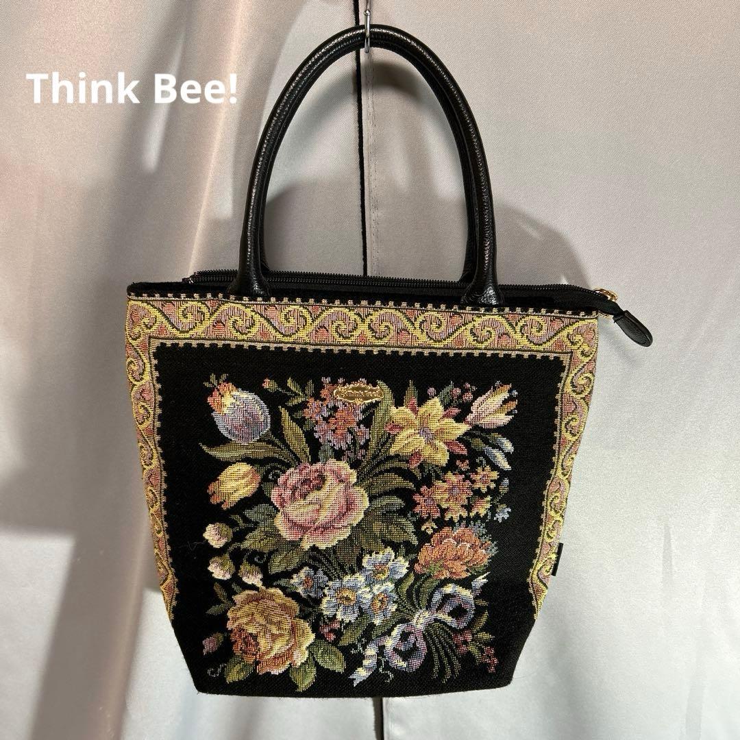 Think Bee! シンクビー ゴブラン織 トートバッグ 花柄 黒 ブラック