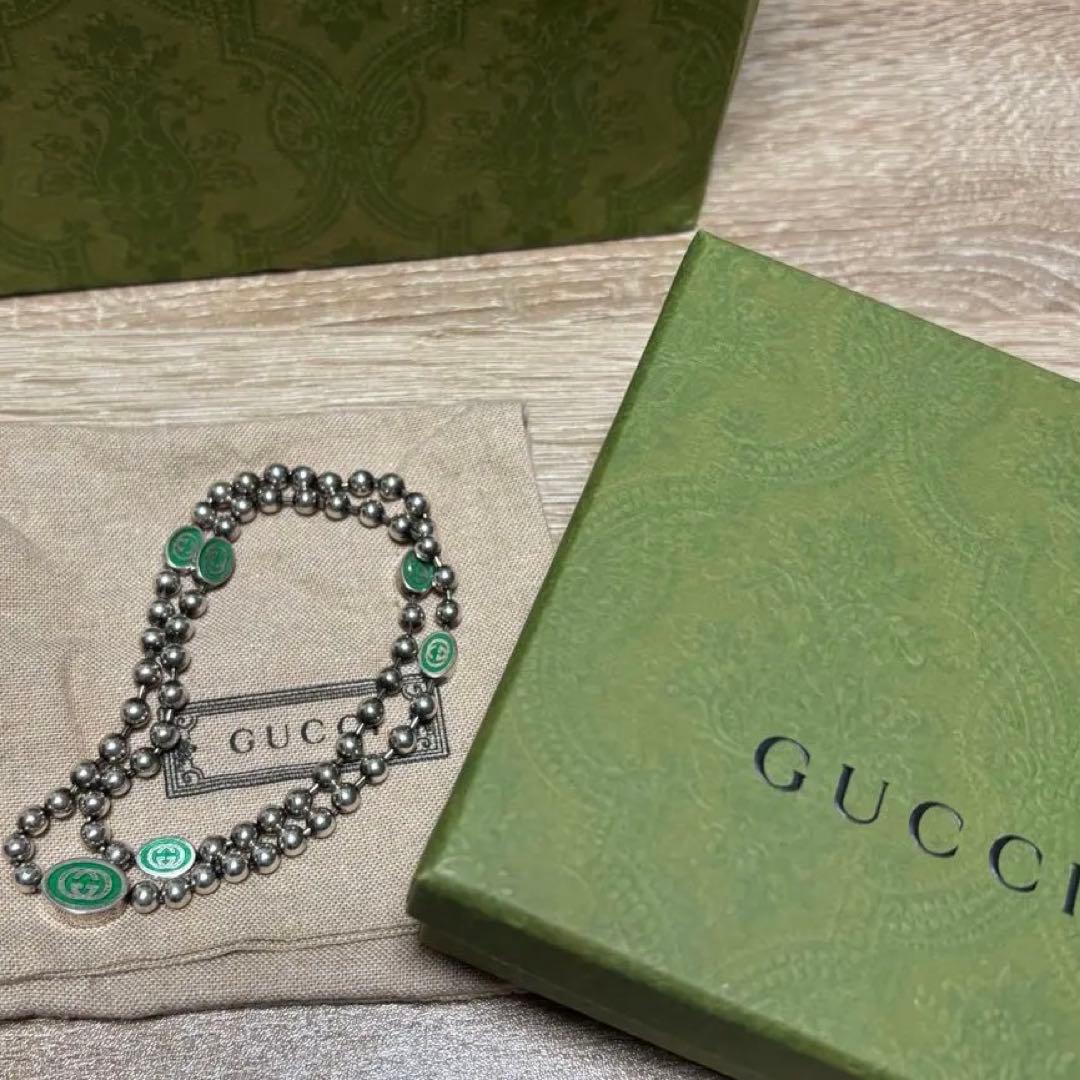 GUCCI エナメル インターロッキングG ボールチェーンネックレス 緑