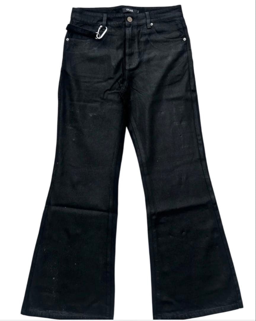 goar archiveブラックオイルコーティングフレアデニムパンツカラビナ