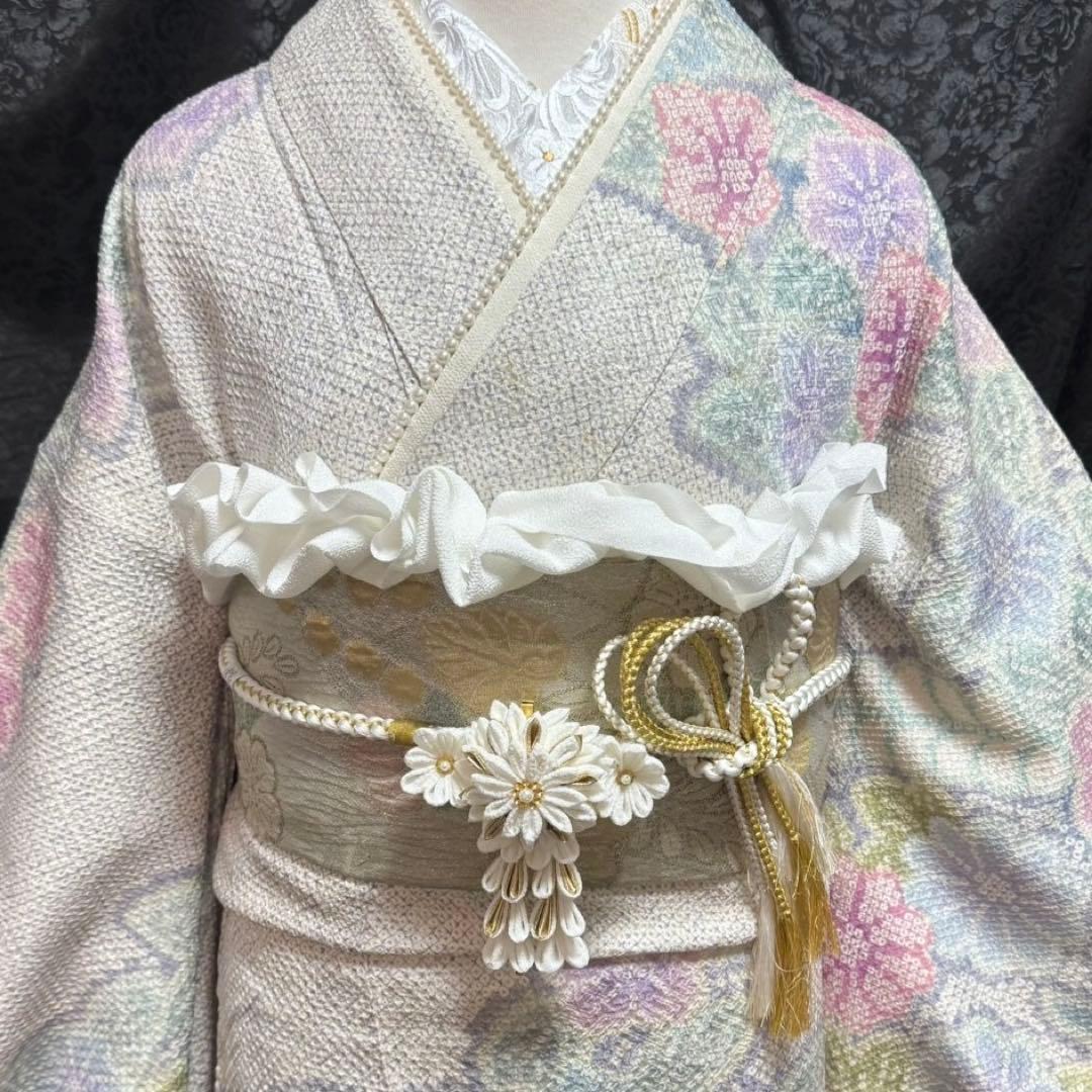 美品 総絞り 本絞り 蝶 灰紫 藤の花 淡色 逸品 フルセット 振袖 振り袖