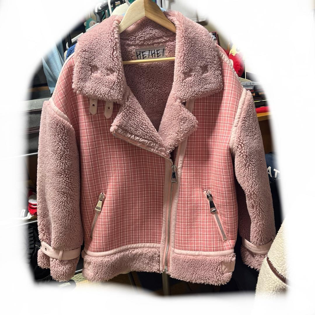 HEIHEI ボアチェックライダースジャケット ピンク チェック ムートン