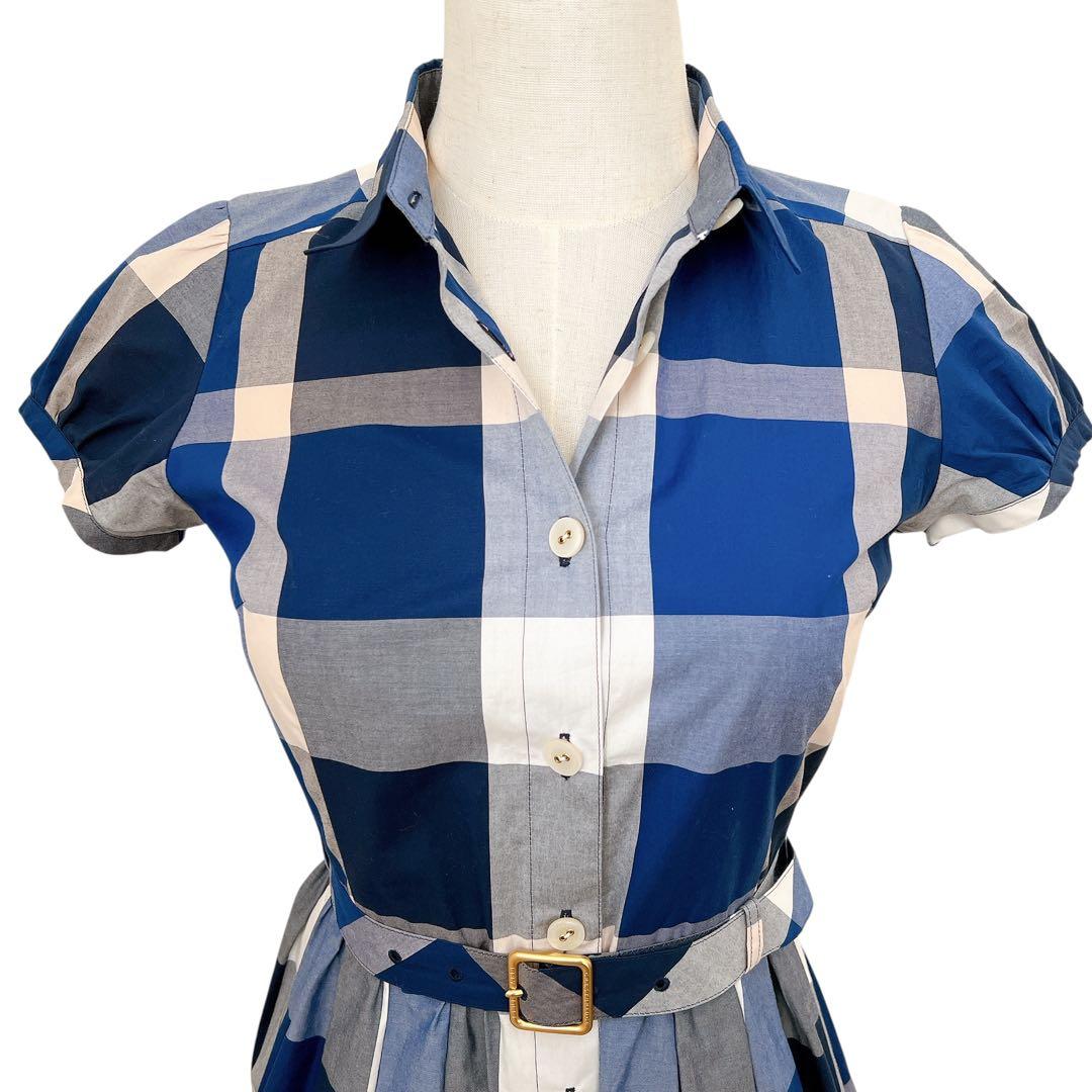 ブルーレーベルクレストブリッジ チェック柄シャツワンピース 膝丈 青