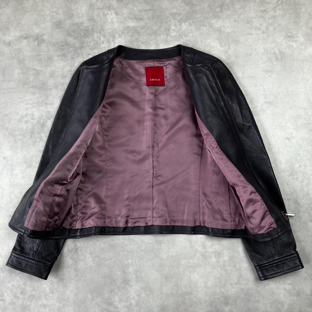 美品 AMACA アマカ ラムレザージャケット ライダース ノーカラー 674