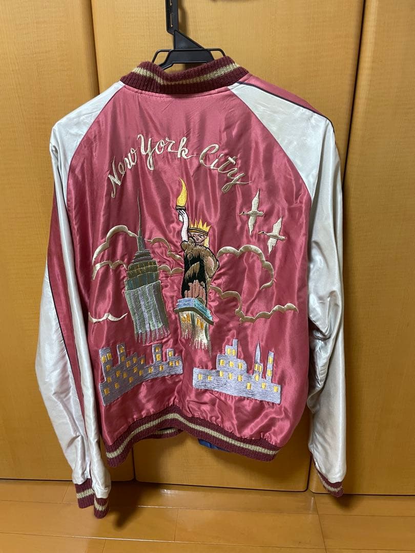 虎 自由の女神 刺繍 スカジャン 青金 ピンク