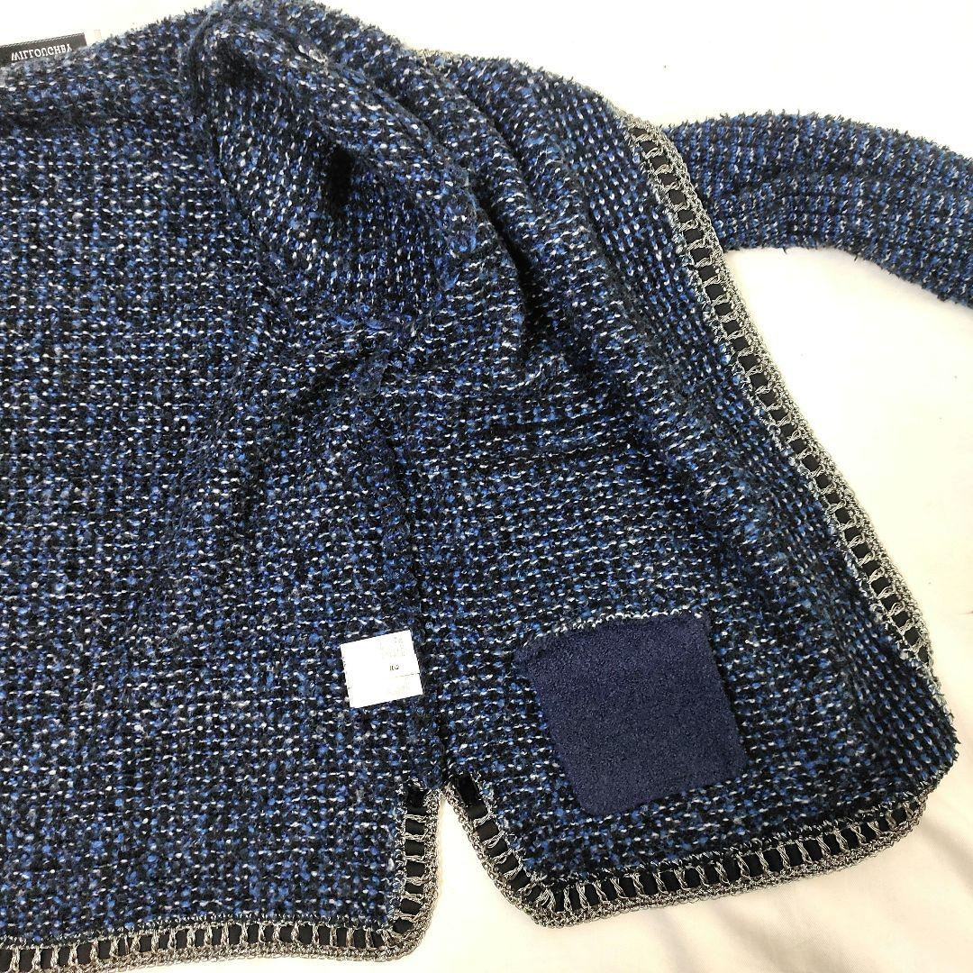 ルルウィルビー 金ボタン ツイード ニット ノーカラー ジャケット ブルー