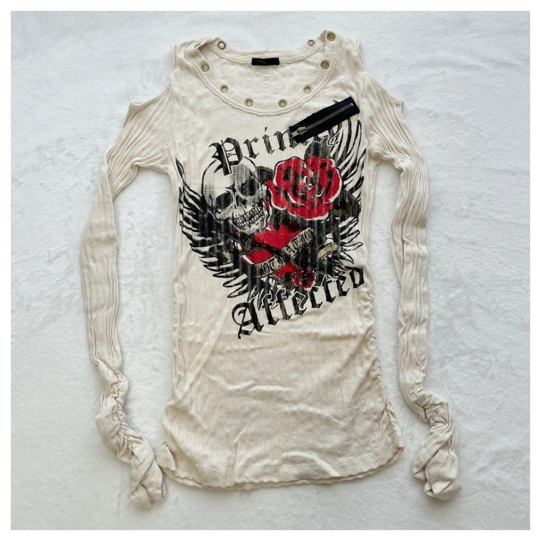 y2k 平成ギャル スカル ドクロ ハート 薔薇 肩出し 長袖 トップス