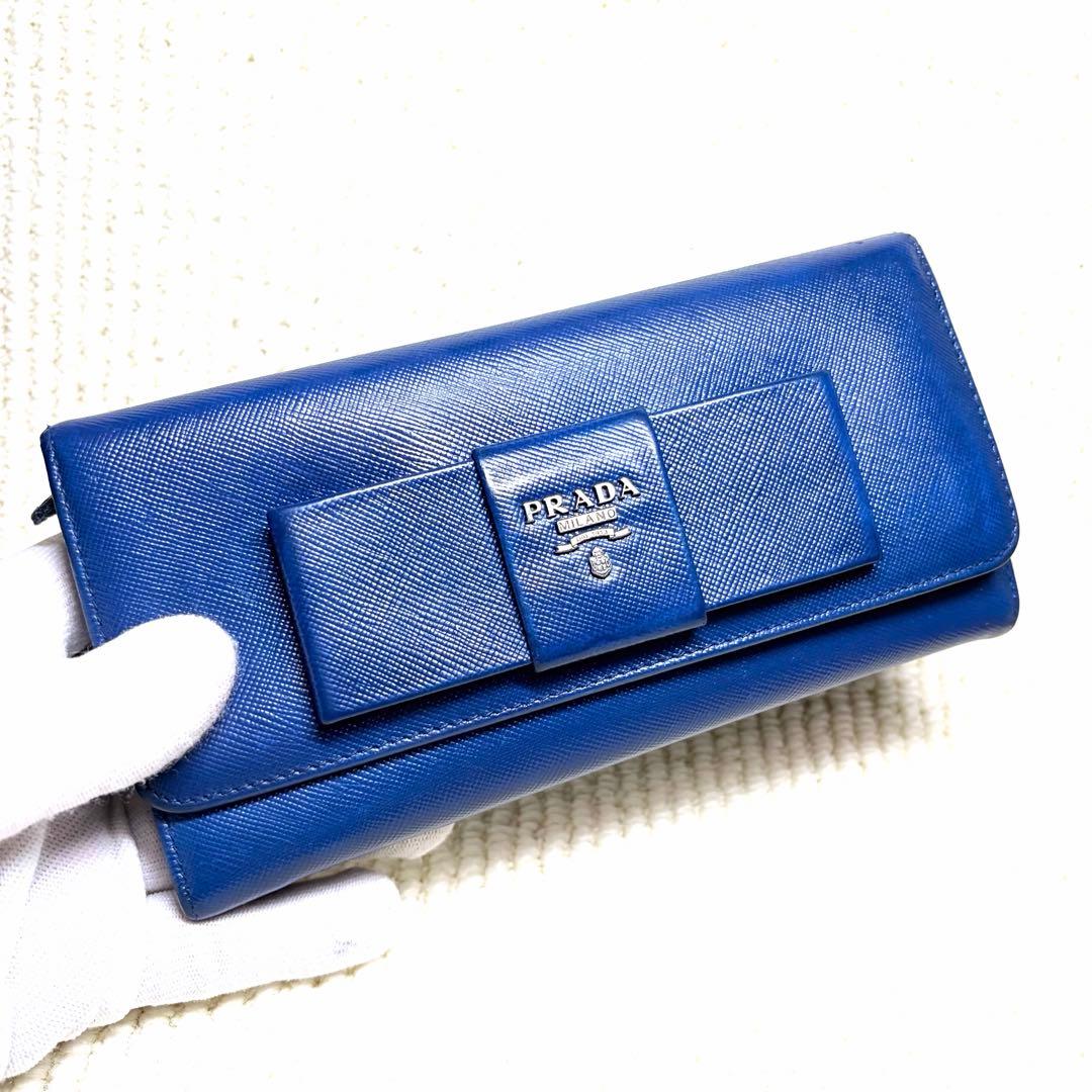 PRADA プラダ サフィアーノ 長財布 二つ折り 青 リボン 人気 フラップ