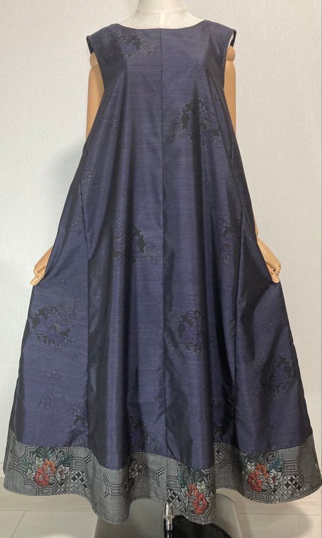 着物リメイク 大島紬裾切り替えロングフレアワンピース（後ろVネック