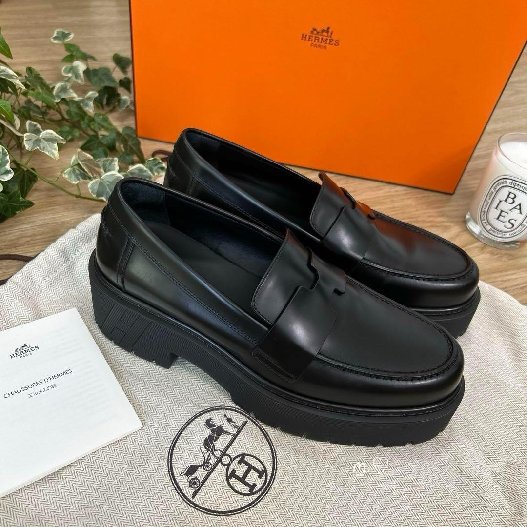 HERMES エルメス ヒッチ ローファー モカシン 37 23.5cmブラック