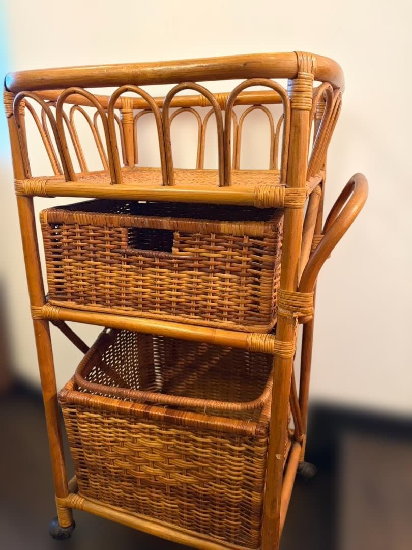 台湾製 ラタン バスケットラック 収納 キャスター付き 3段 ヴィンテージ 台湾製 ラタン バスケットラック 収納 キャスター付き 3段