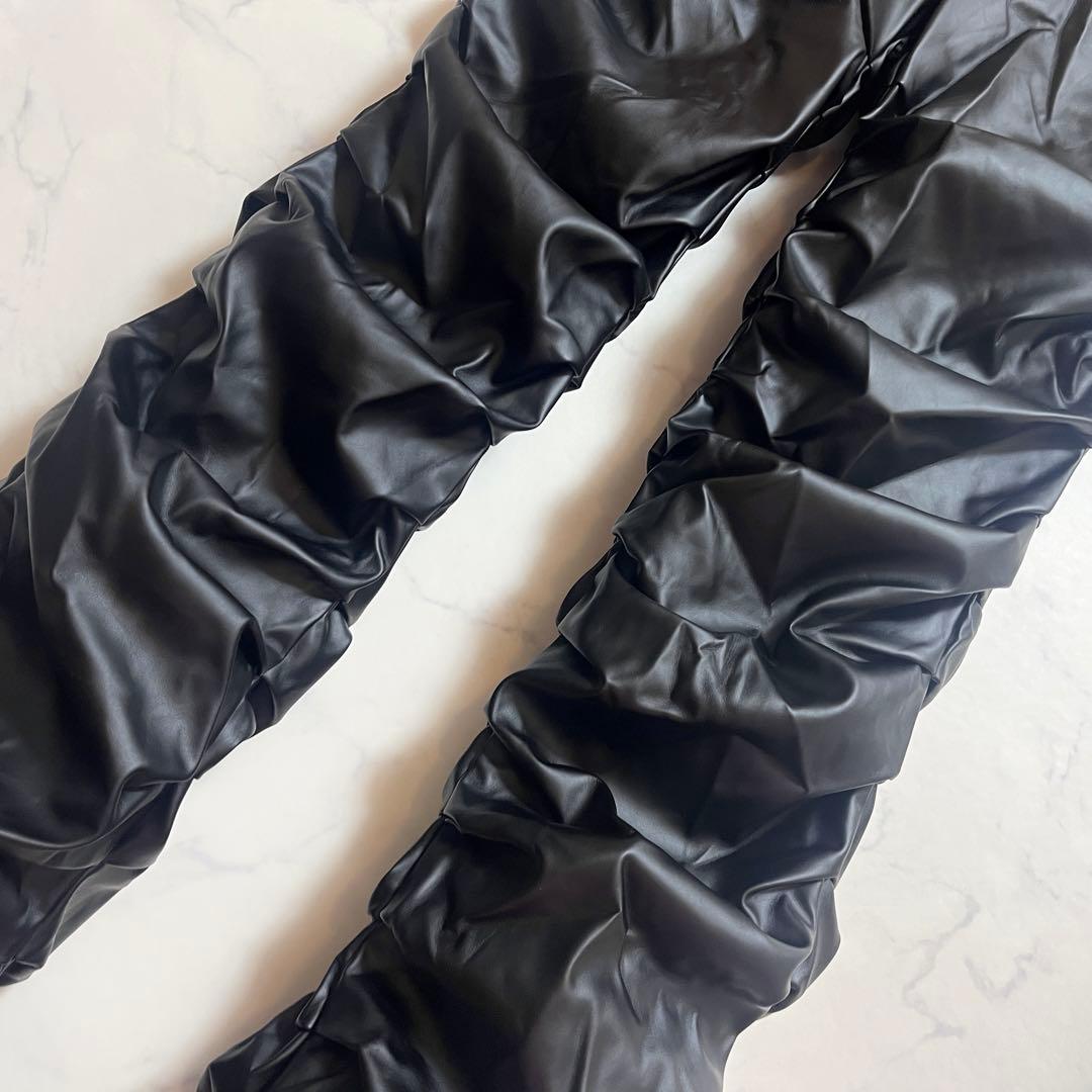 mnml スタックレザーパンツ 裾溜め 腰履き S ブラック レザーデニム