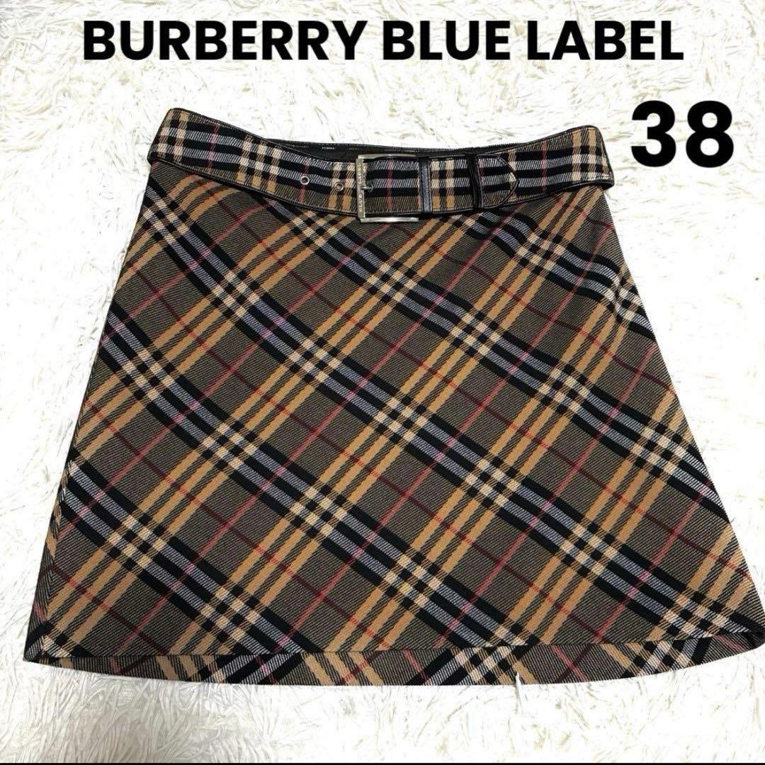 バーバリーブルーレーベル ノバチェック ベルト付 ミニスカート フレア