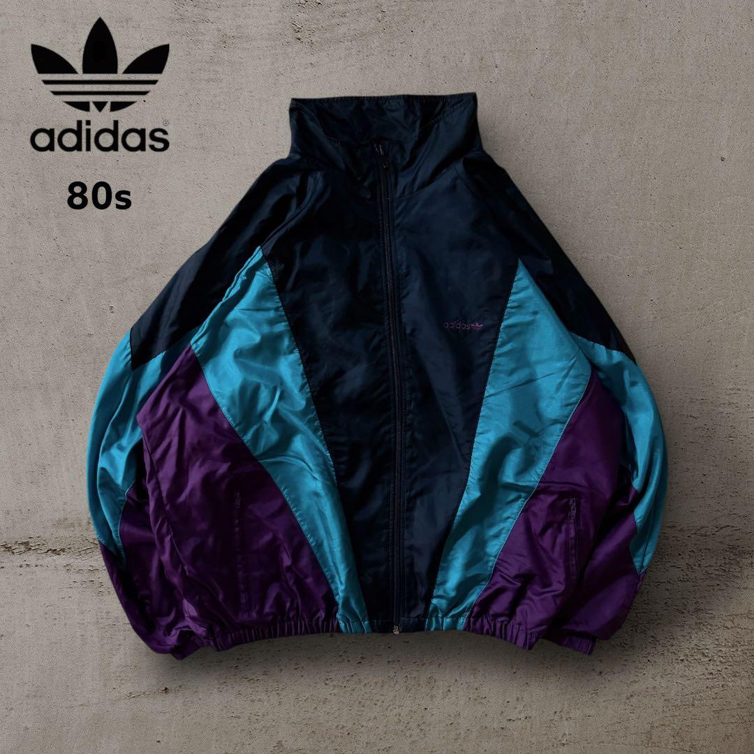 希少80s adidasナイロンジャケットトレフォイル刺繍ロゴレトロY2K古着M 80〜90年代 adidas アディダストレフォイルロゴ刺繍 ナイロン