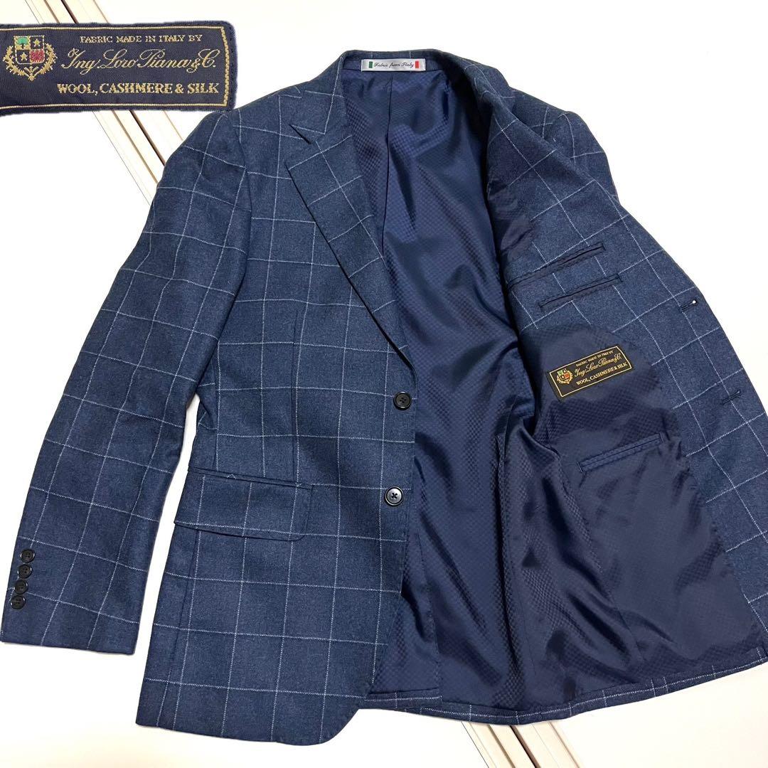 極美品】RESPECT×ロロピアーナ カシミヤ絹混 チェック ネイビー 伊勢丹