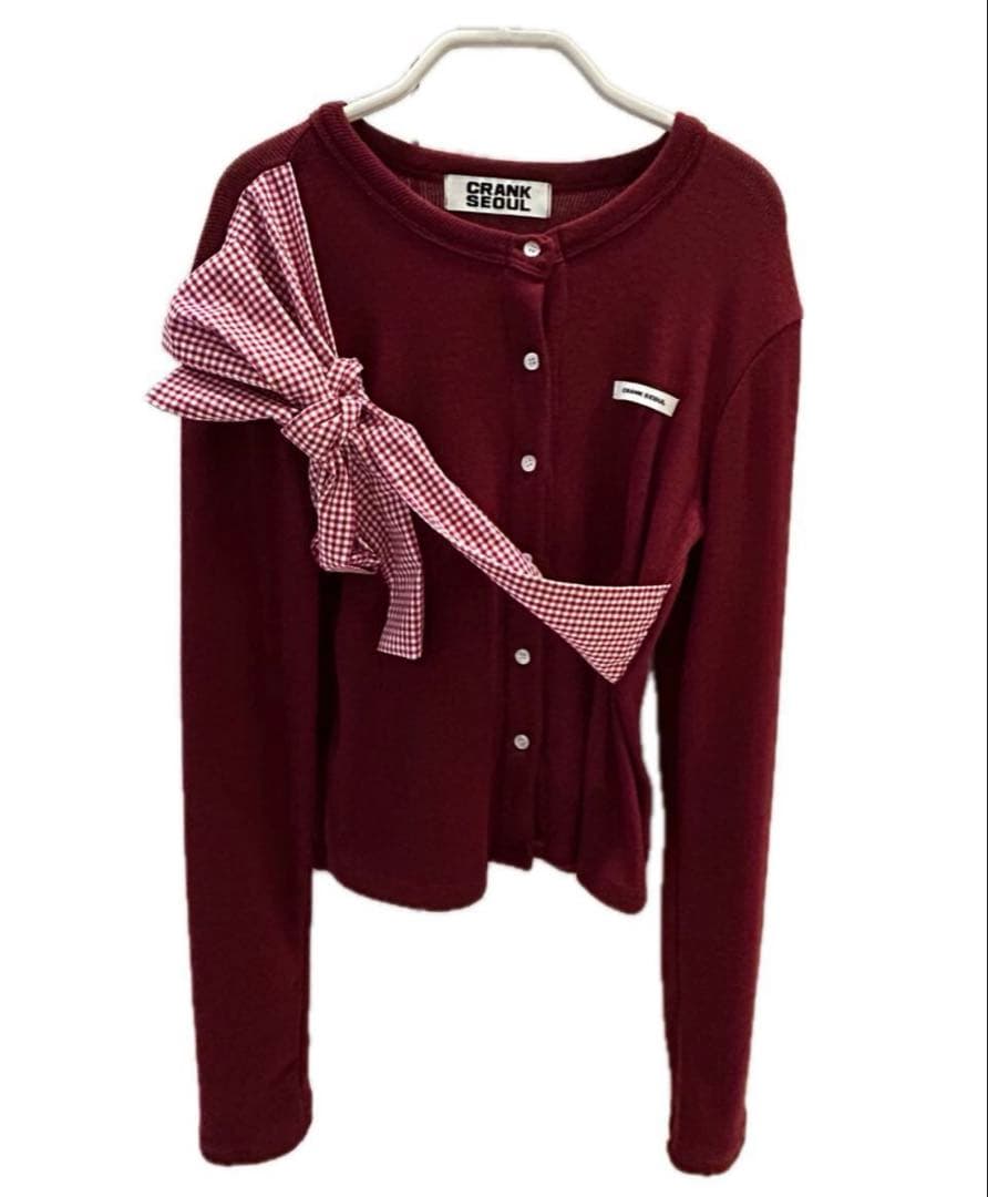 CRANK リボンタイドニットカーディガン_ワイン F - メルカリ