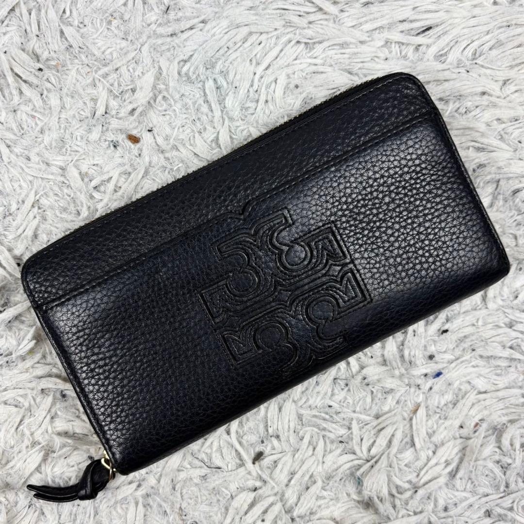 極美品 トリーバーチ レザー 長財布 ロゴ ラウンドファスナー ブラック