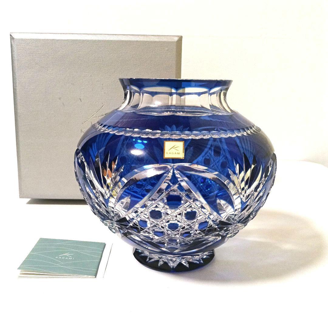 未使用 美品 カガミクリスタル 江戸切子 花瓶 笹葉麻葉紋 伝統工芸士