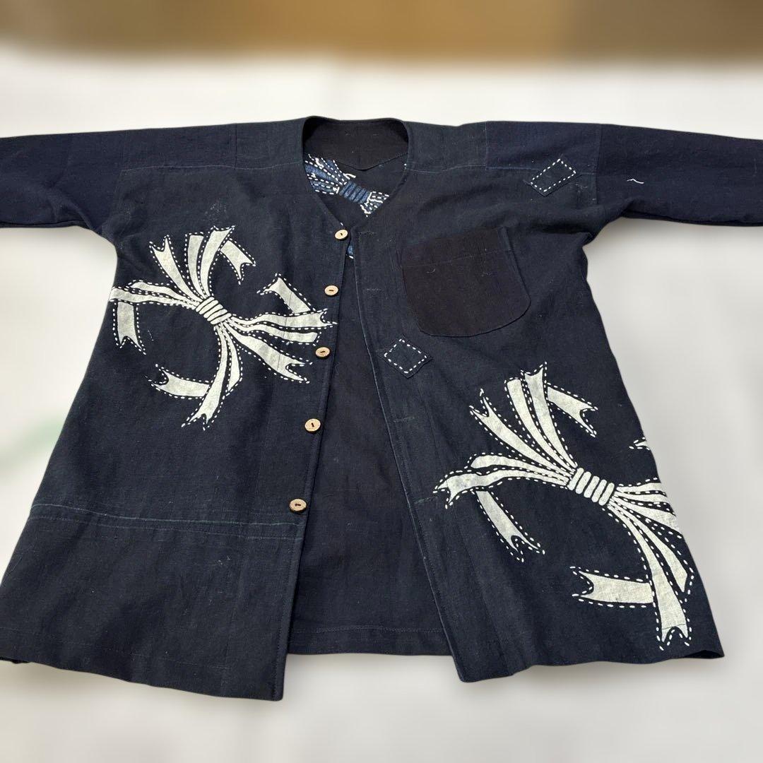 木綿絣の熨斗柄鯉口シャツ/ダボシヤツ　カーディガン　M 送料無料】束ね熨斗（むら染め・藍紺）鯉シャツ（ダボシャツ）義若