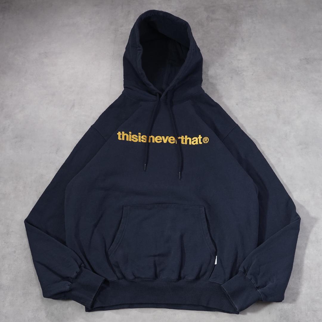 ディスイズネバーザット ネバザ パーカー 古着 ロゴ L 紺 黄 19243