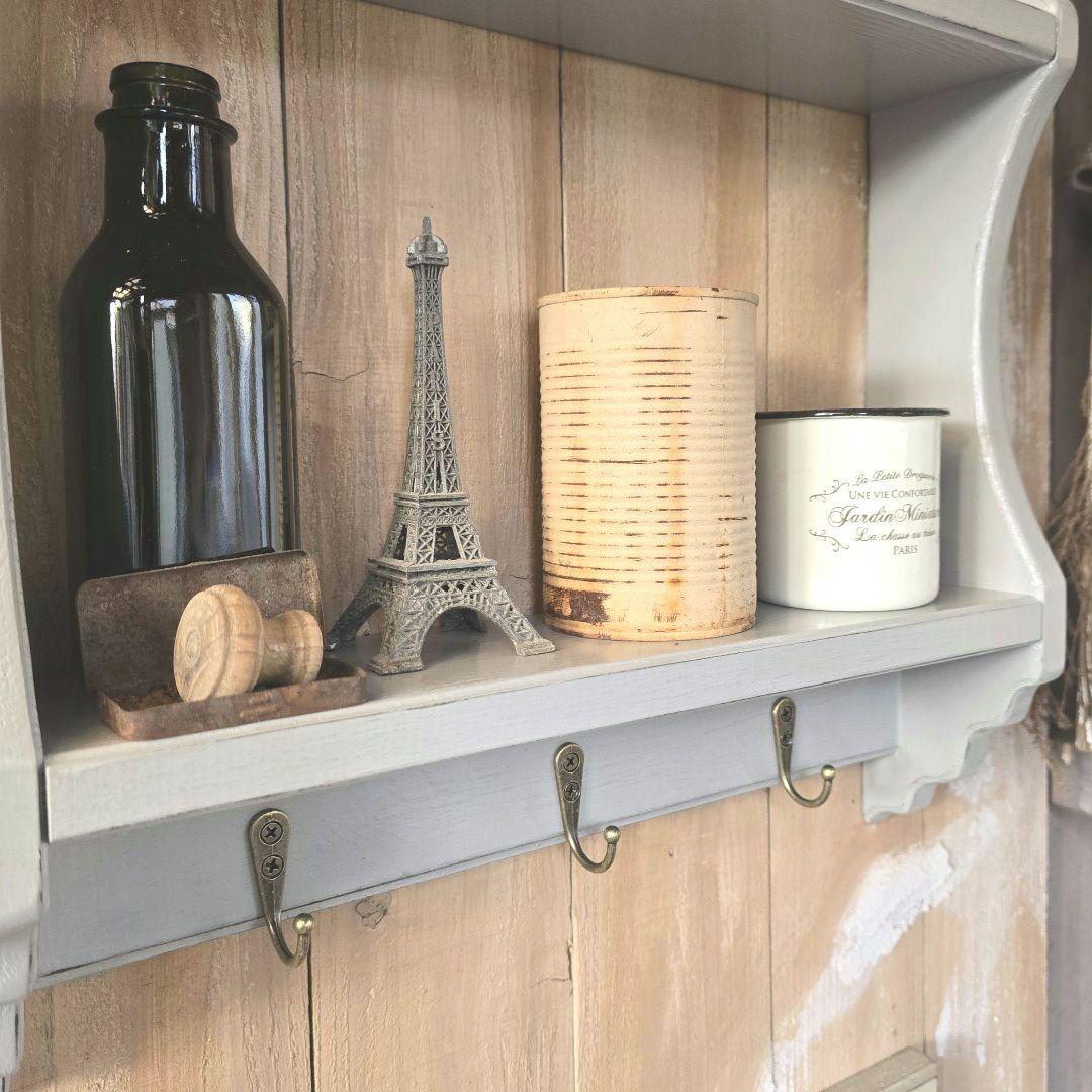 フレンチアンティークシャビー壁掛けシェルフ ワイド450グレー モール