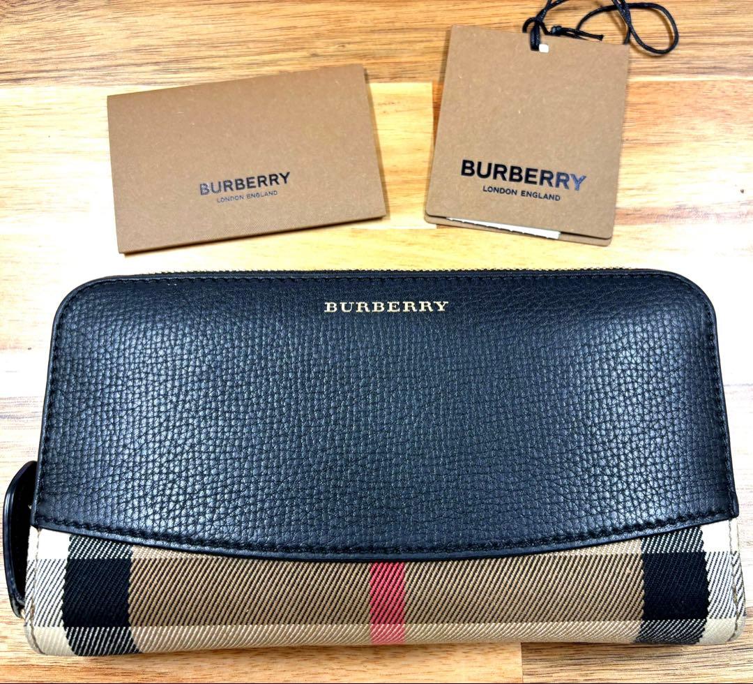 K】バーバリー 長財布 ラウンド ノバチェック レザー ホースロゴ 美品