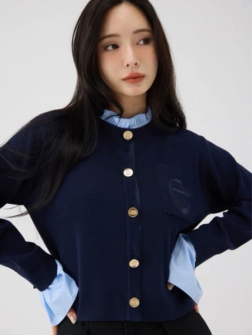 新品 Attached collar ニットカーディガン EIMY ネイビー エイミーイストワール EIMY ISTOIRE Attached collar ニット