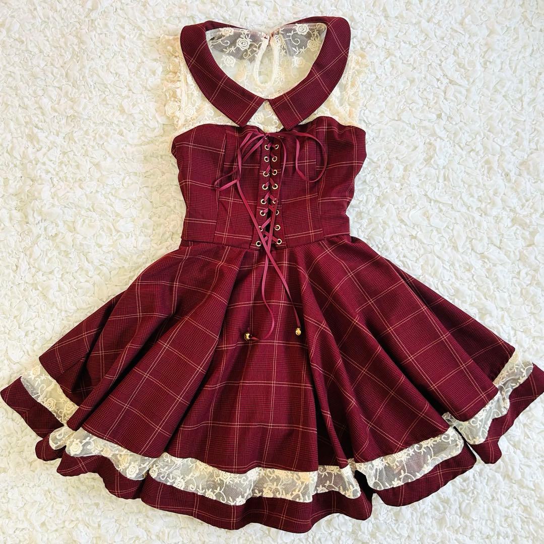 リズリサ♡LIZLISA】ボルドー グレンチェック ミニワンピース レース