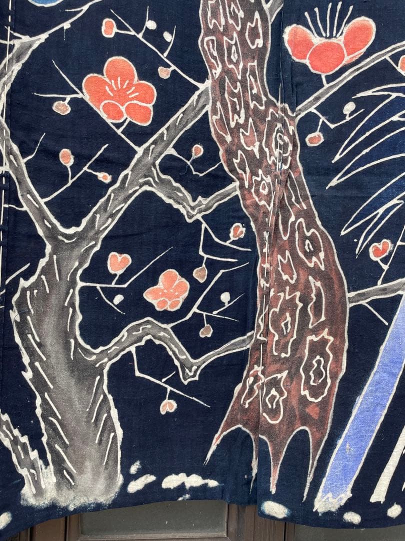 未使用:米沢 藍染 本藍 【遠藤きよ子】筒がき 大判タペストリー 壁掛け