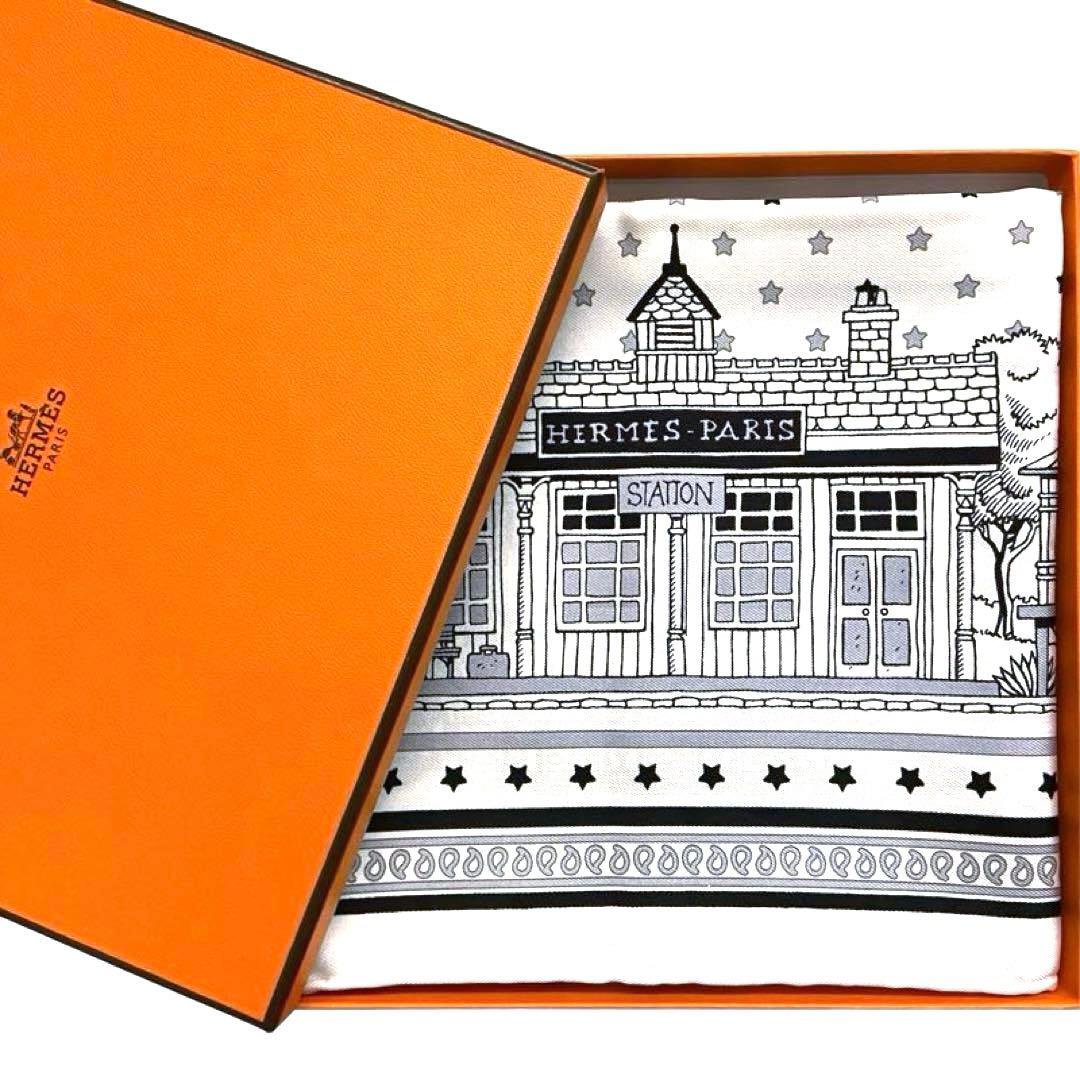 極美品 モノクロ エルメス シルクスカーフ バンダナ カレ55 パリ