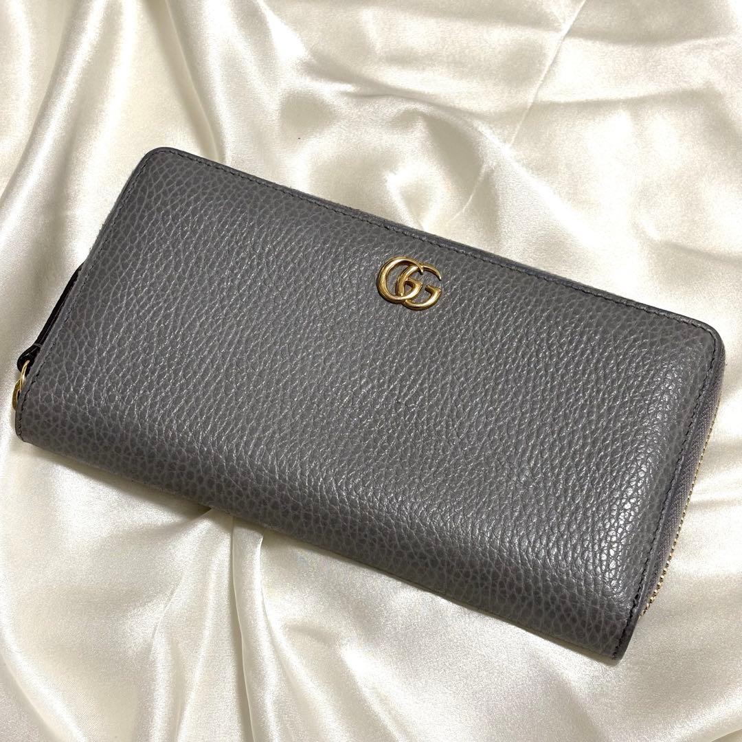 グッチ GGマーモント ラウンドファスナー 長財布 レザー ライトグレー