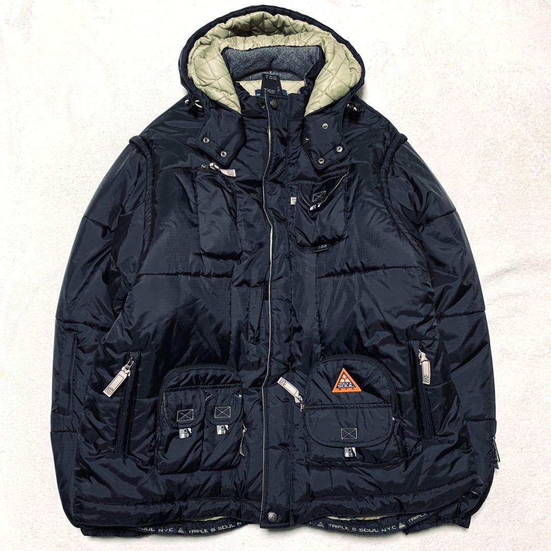 TRIPLE FIVE SOUL 中綿ダウンジャケット ドッキング 3way Triple Five Soul Men Gray Full-Zip Casual Faux-Fur Puffer Hooded