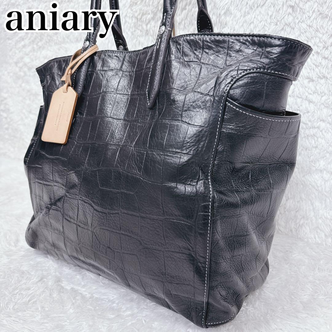 希少】aniary アニアリ クロコ 型押し レザー トートバッグ ブラック