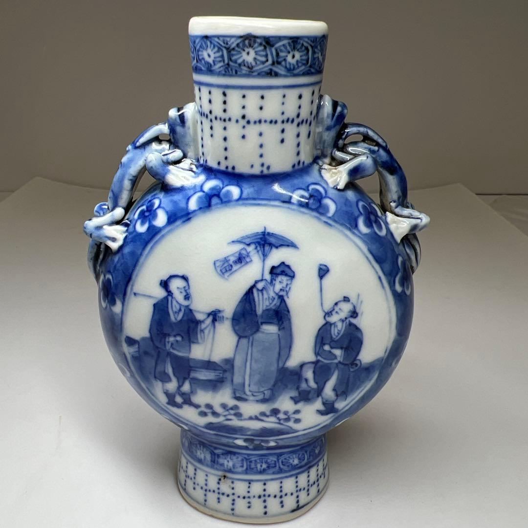 中国清時代 康熙年製 青花龍耳花入 木箱付 高約