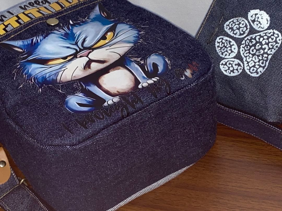 男女兼用☆岡山デニム♪ステンシル☆トラネコ☆Sサイズ☆3wayボストン 男女