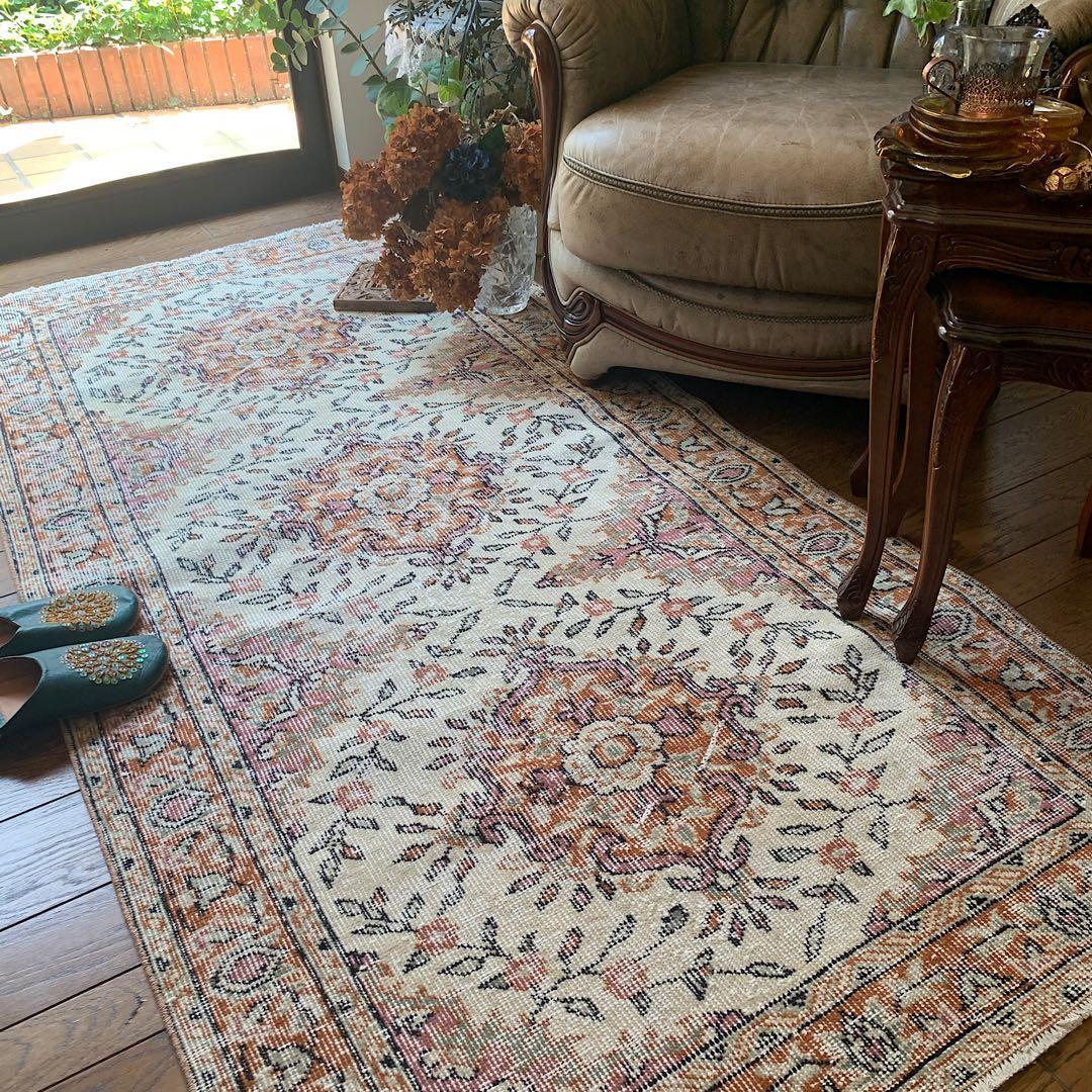 ペールオレンジ200×97 フラワーメダリオン　トルコヴィンテージラグ トルコヴィンテージラグ 200×114フラワー 均等柄 ルビーレッド モカ