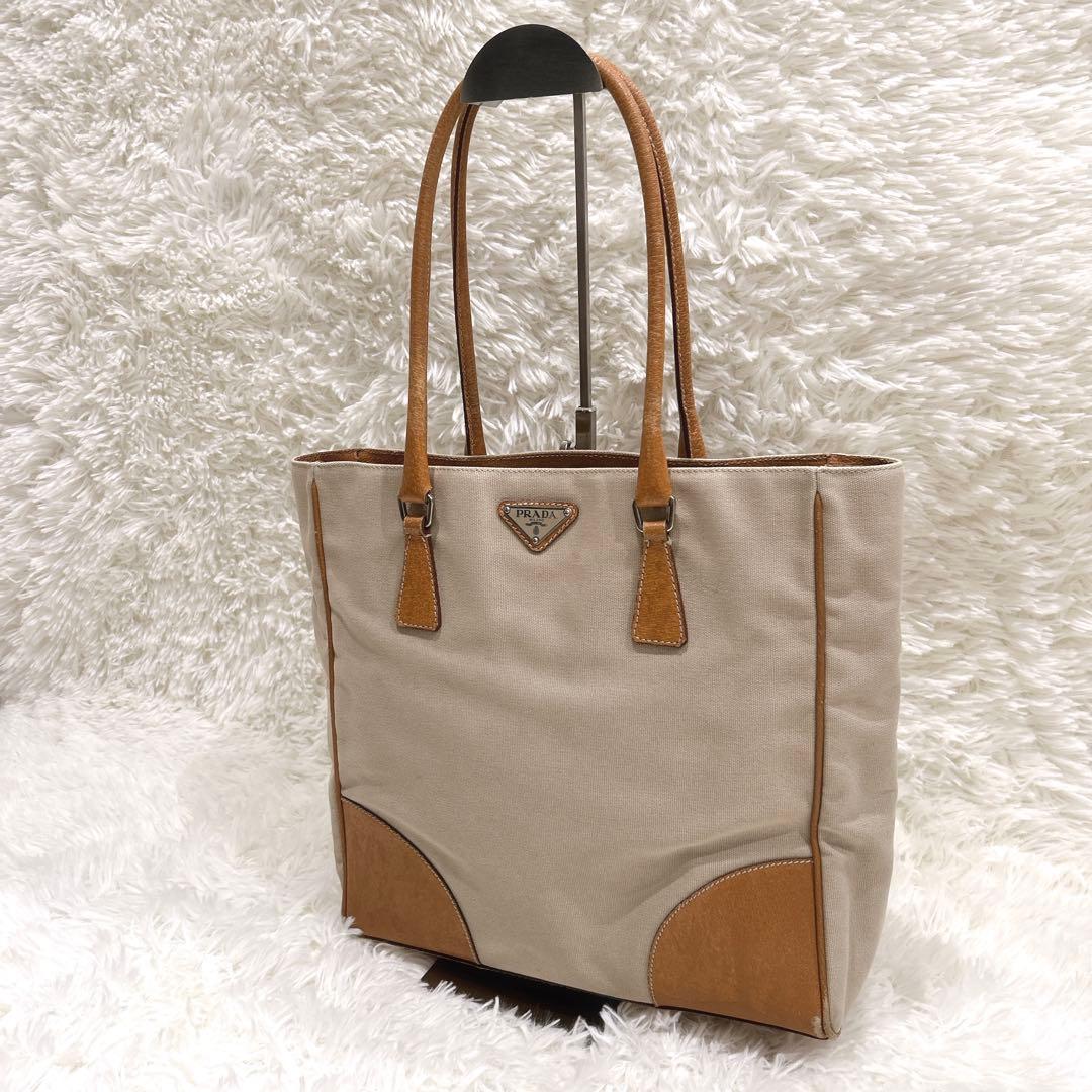 PRADA プラダ レザー キャンバストートバッグ 三角ロゴプレート A4収納