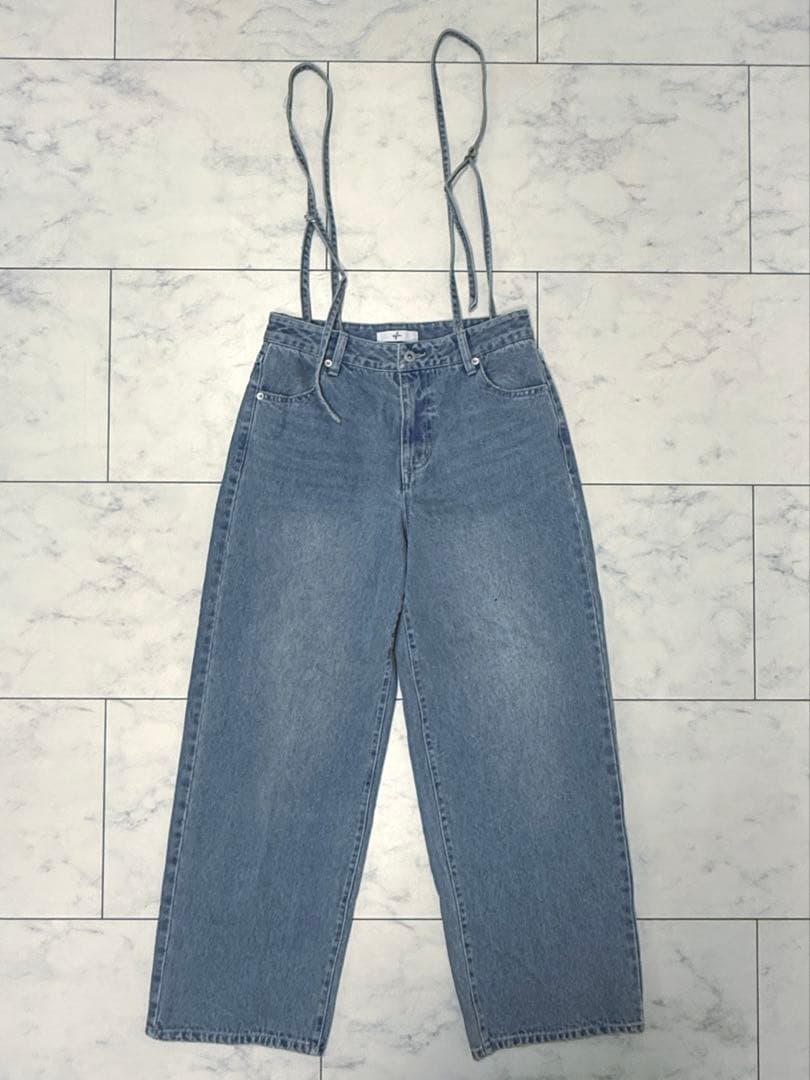 efu サスペンダー ルーズストレートデニム ブルー M