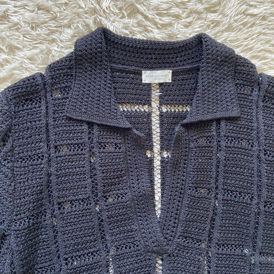 美品 ドリスヴァンノッテン 透かし編みニットポロシャツ ブラック M位
