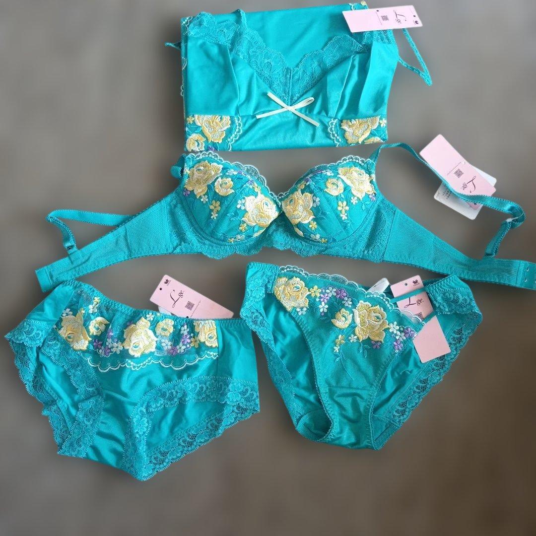 ルジェ、ターコイズ 花柄刺繍 ブラジャーショーツ、スリップ豪華セット