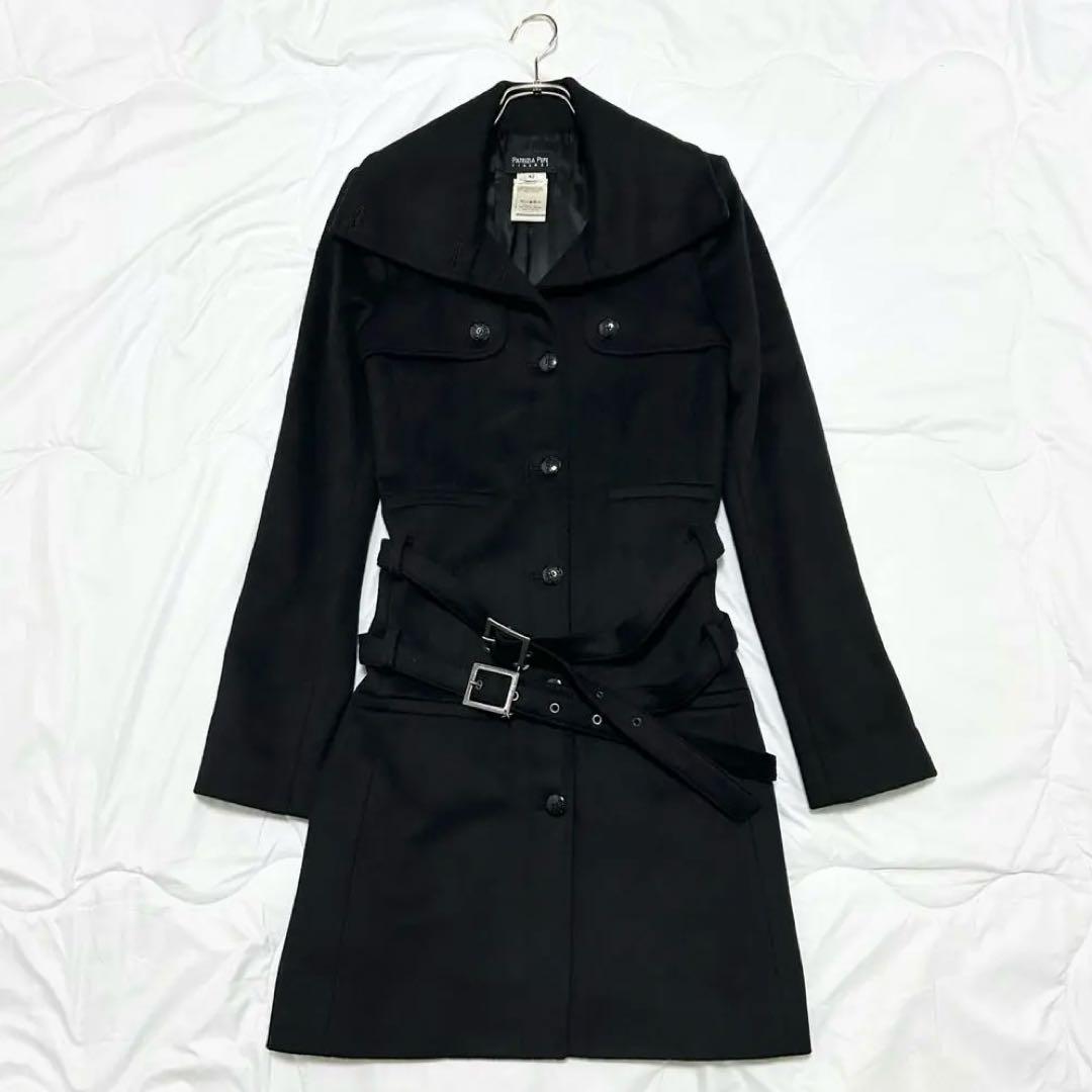 美品　パトリツィアぺぺ　ダブルベルト付き　カシミヤ混　トレンチコート　黒　42 フォックスファー カシミヤ混 フォーマルコート カシミヤ コート