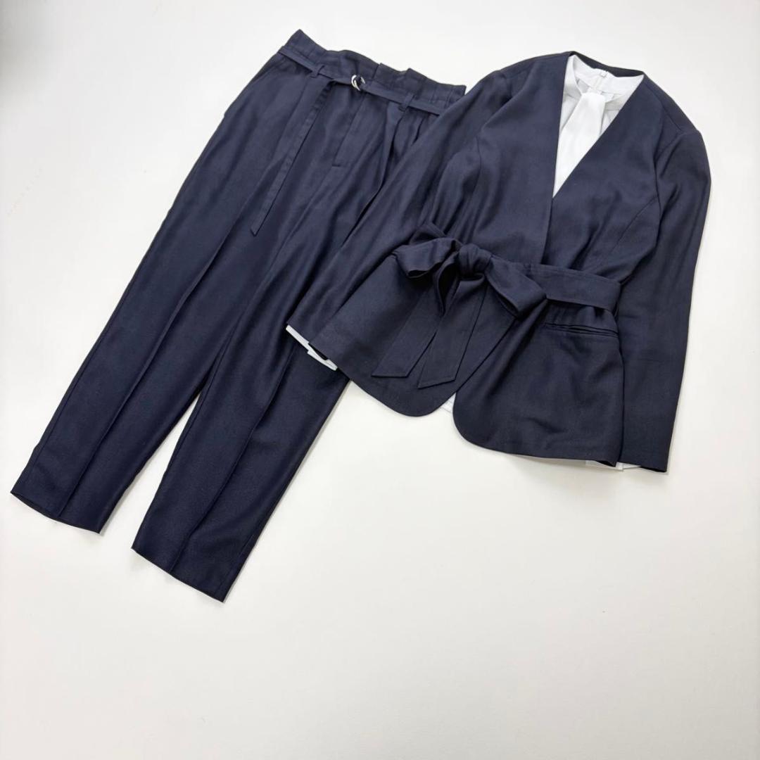 グリーンレーベル】パンツスーツ リネンライク ノーカラー パンツ 38