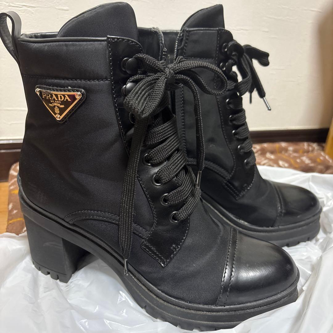 美品 プラダ PRADA ブラッシュドレザー レースアップブーティ ブーツ