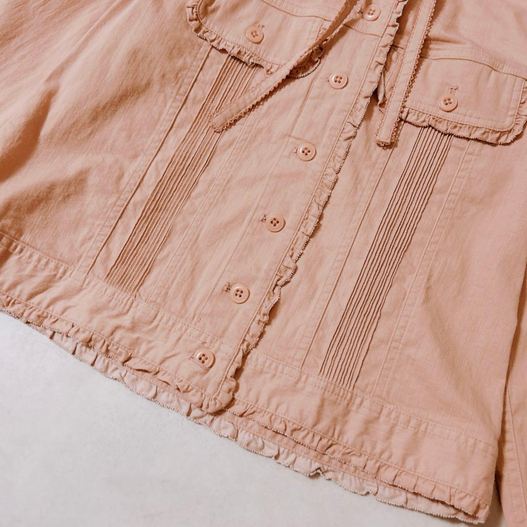 ピンクハウス デニム調 ブラウス ピンタック フリル リボン フード