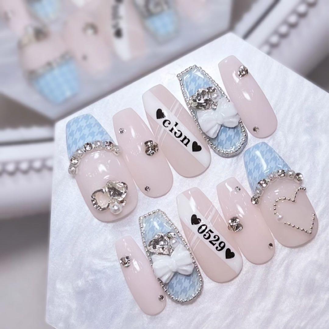 ネイルチップ 量産型 水色ネイル 千鳥柄 白 韓国 ちゅるん ハート