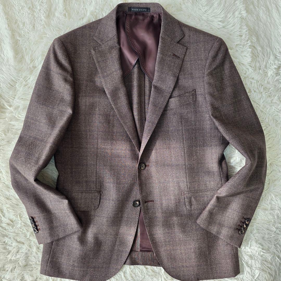 美品/SUPER 110's】ヒルトン スーツ 3ピース チェック ブラウン系