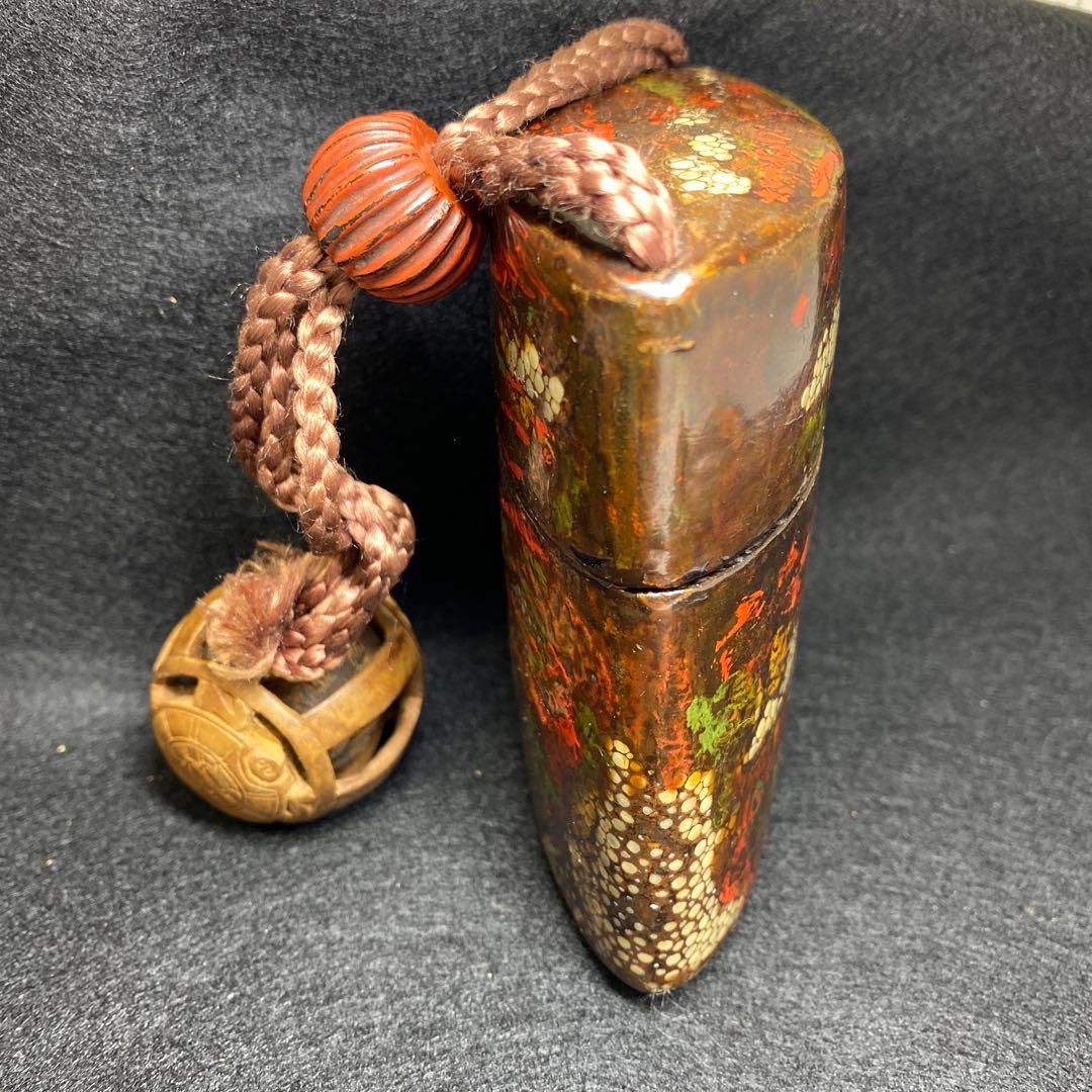 江戸時代 鮫皮蒔絵木彫根付印籠 木箱付 168g 東Y7-0306☆