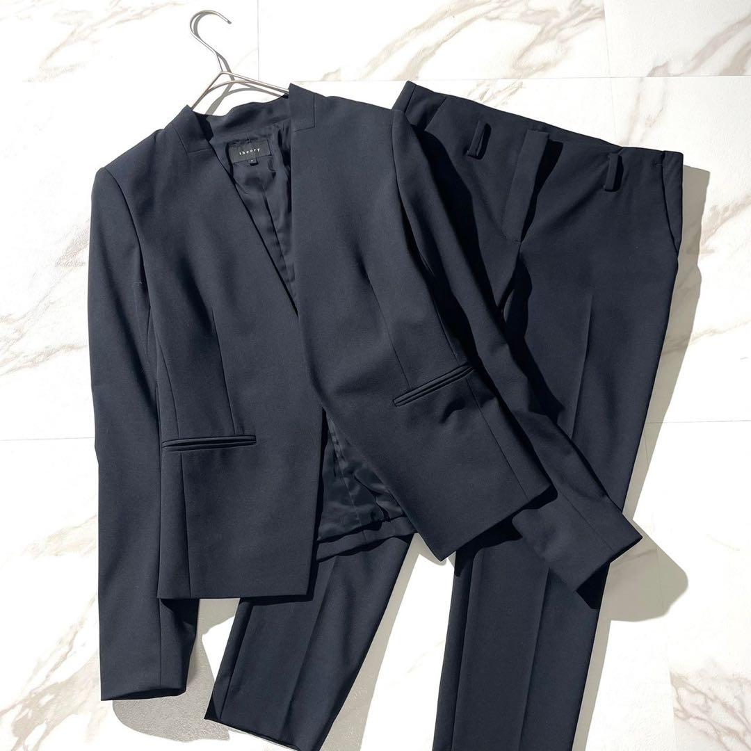 美品✨ セオリー ノーカラージャケット パンツスーツ セットアップ ネイビー セットアップ 「自宅で洗える」 ノーカラージャケット＆テーパード