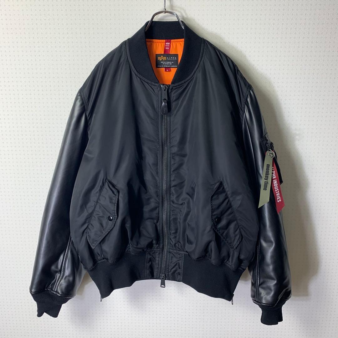 アルファ × モンキータイム レザースリーブMA-1ジャケット XL ブラック
