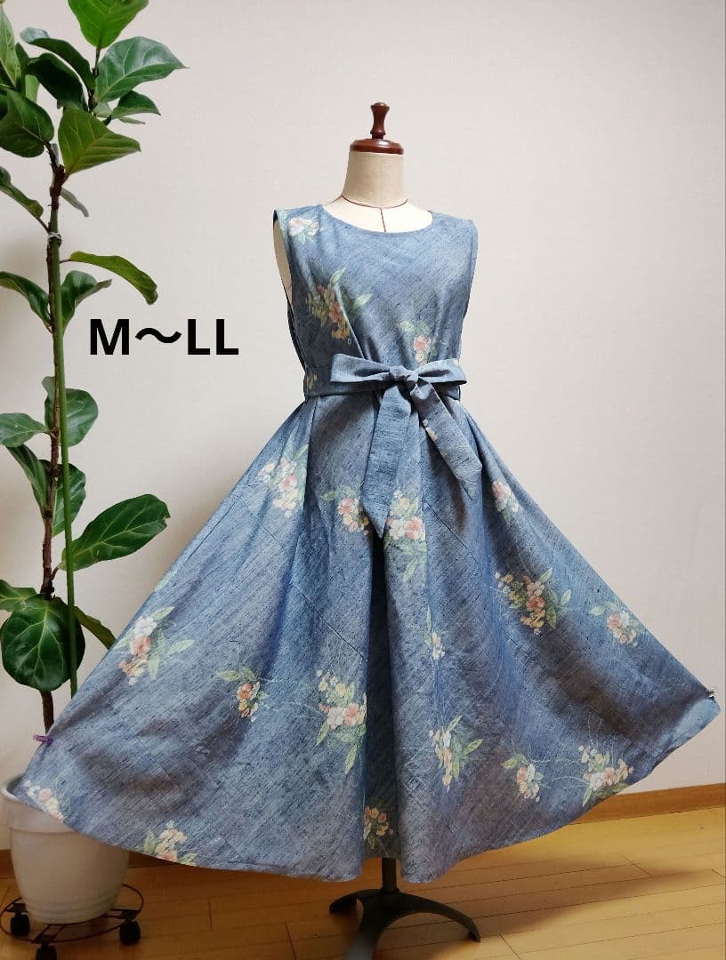 着物リメイク✿紬フレアーワンピース正絹✿ストールリボン2本付き